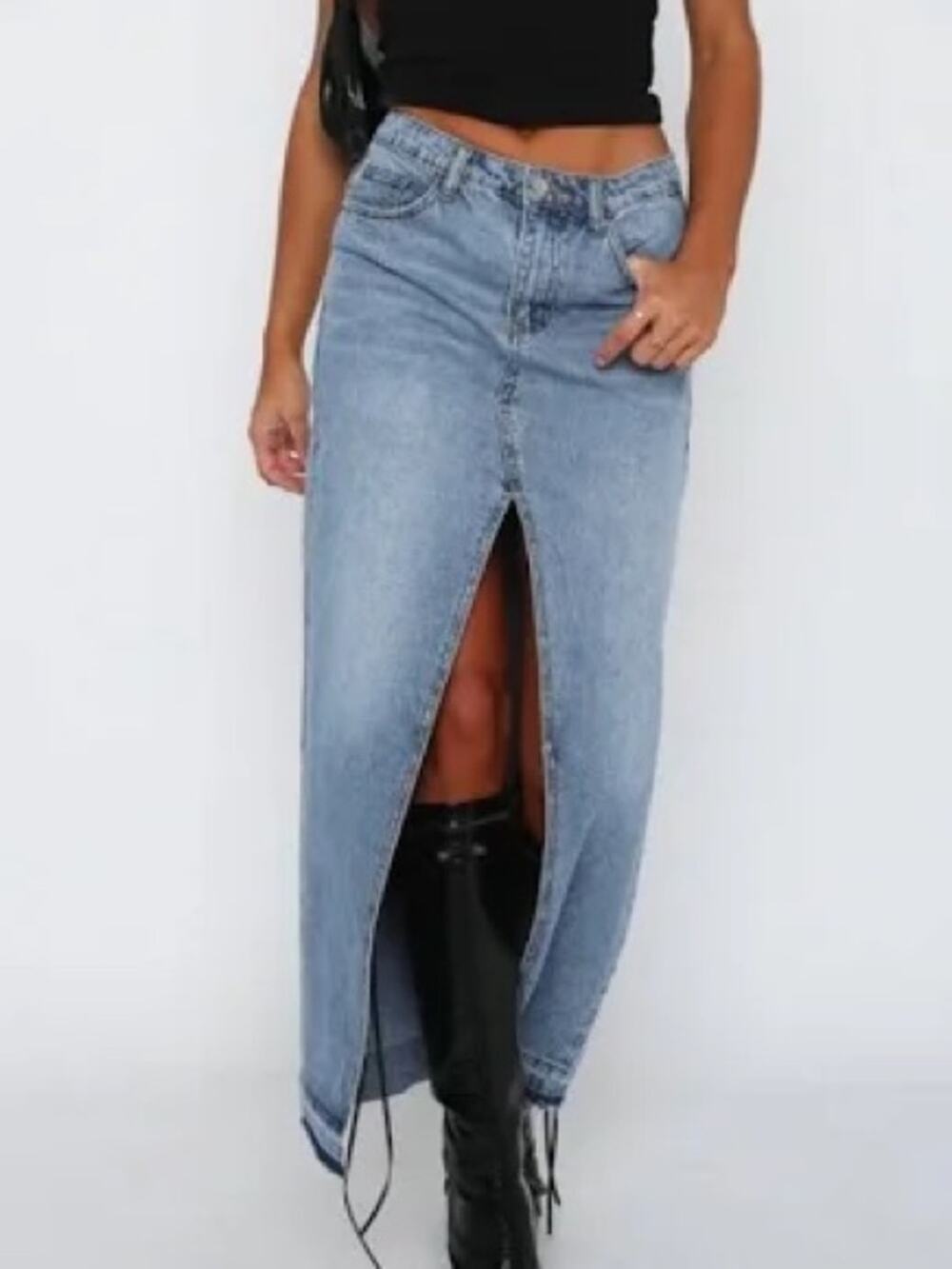 White Fox Long Denim Skirt Raw Hen Front Slit Size M EUC